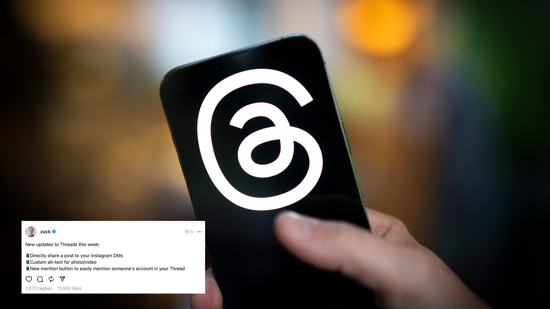 A close-up of a smartphone displaying the Threads logo, with a screenshot from Threads in the bottom corner showing a post from Mark Zuckerberg.