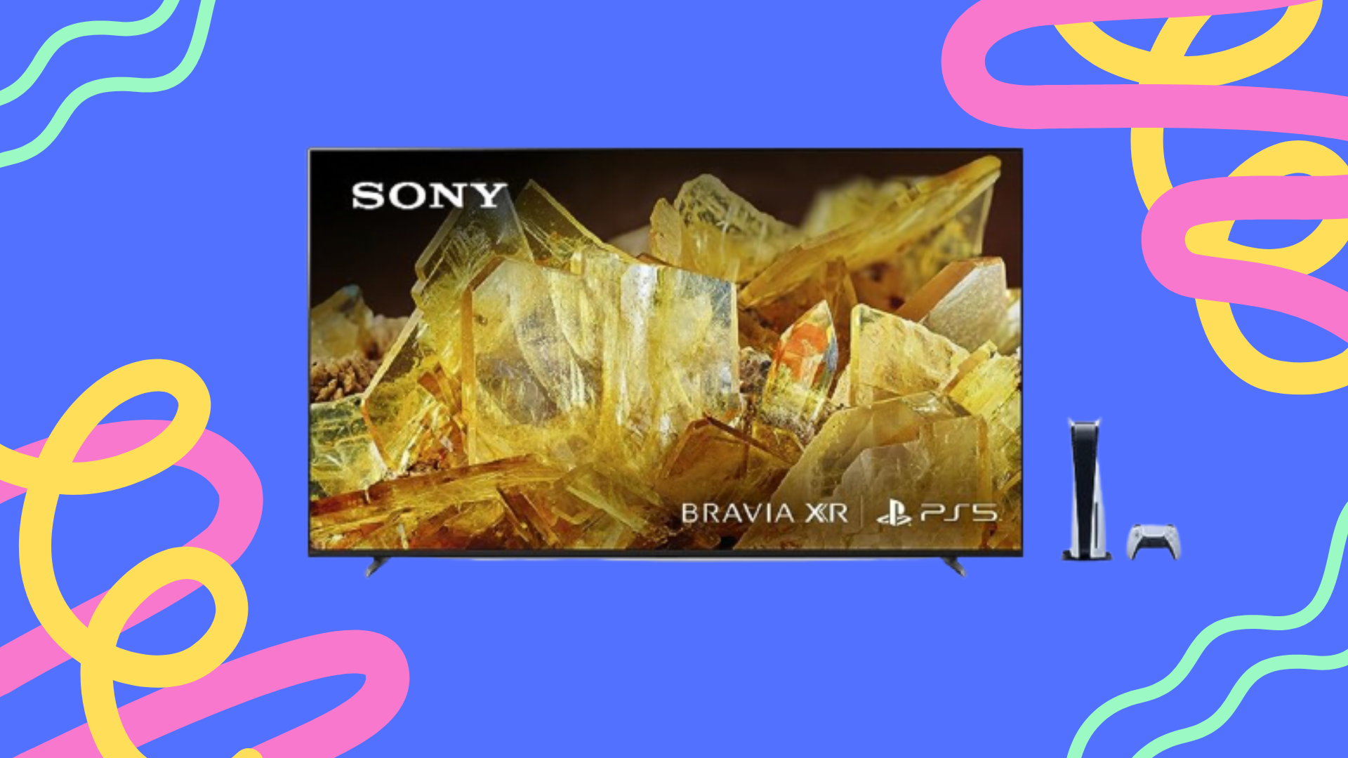 The Sony Ultra HD TV and PS5 console overlaid on a blue background decorated with squiggles