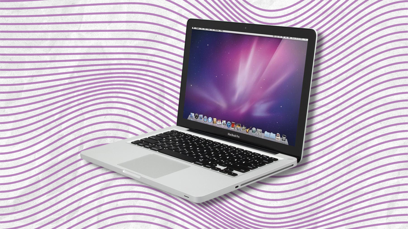 refurbished MacBook Pro with purple squiggly lines in background