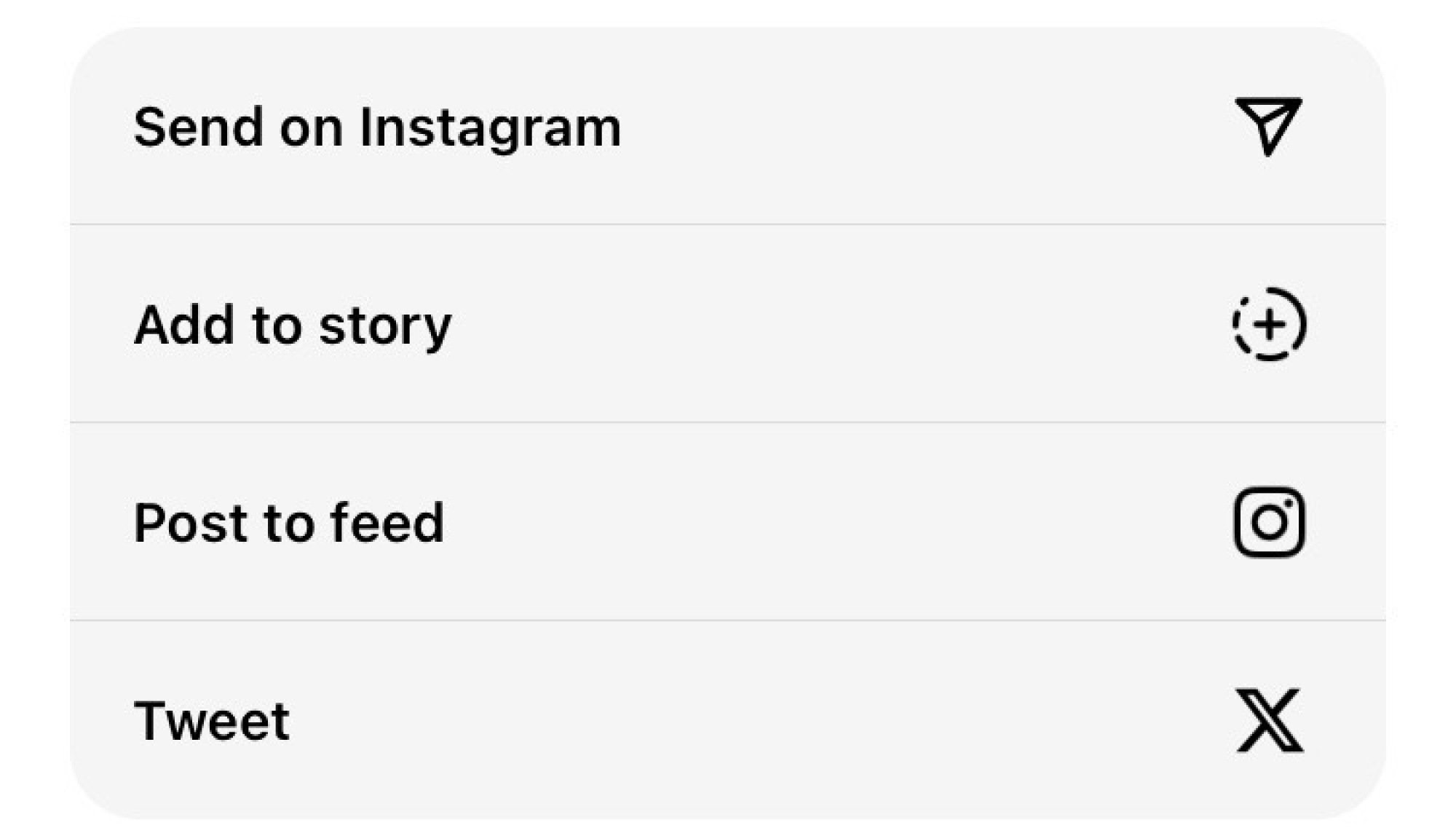 A screenshot of the sharing options available on Threads, with Send to Instagram at the top.
