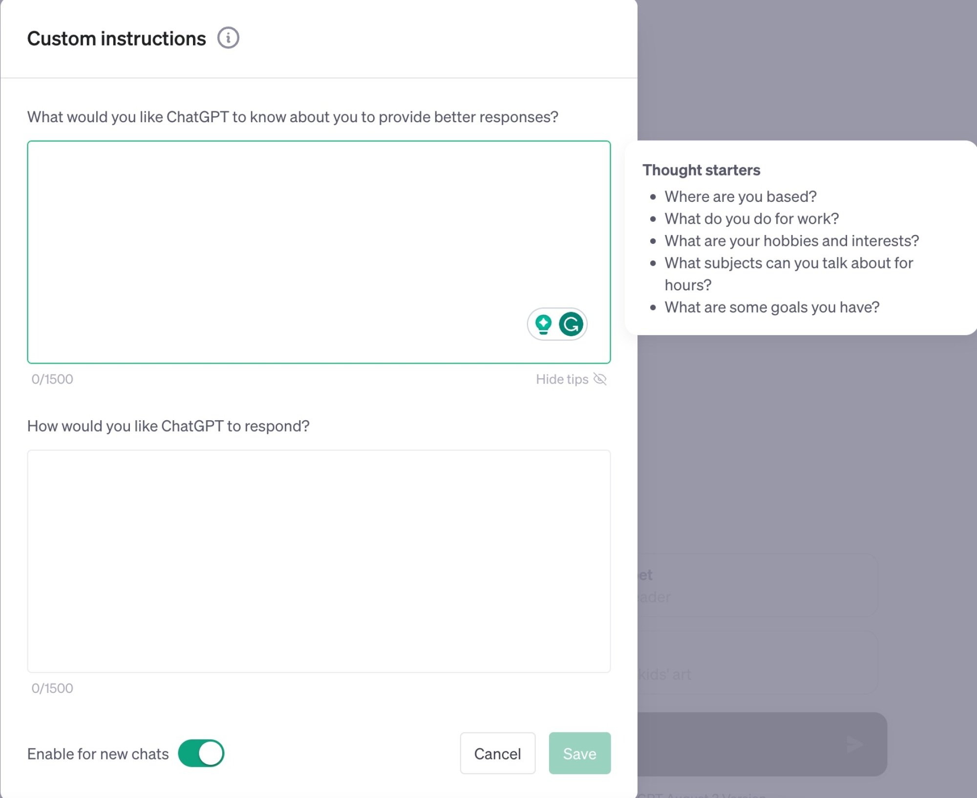 custom instructions fields in ChatGPT settings.