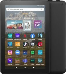 black tablet with app icons and a landscape wallpaper