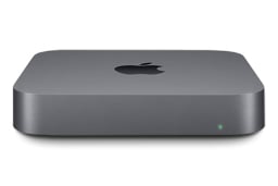 Apple Mac mini in gray over a white background