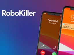 RoboKiller logo with two cell phones getting spam calls