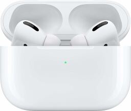 Apple AirPods Pro in their white case, over a white background