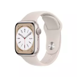 The Series 8 41mm Apple Watch with a Starlight Sport Band over a white background