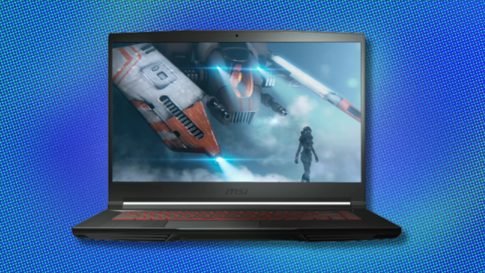 an MSI GF63 Thin gaming laptop against a blue abstract background