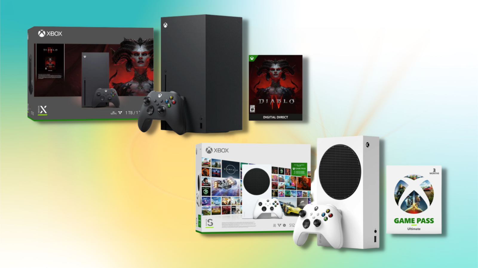Xbox Series X bundle and Xbox Series S bundle with colorful background