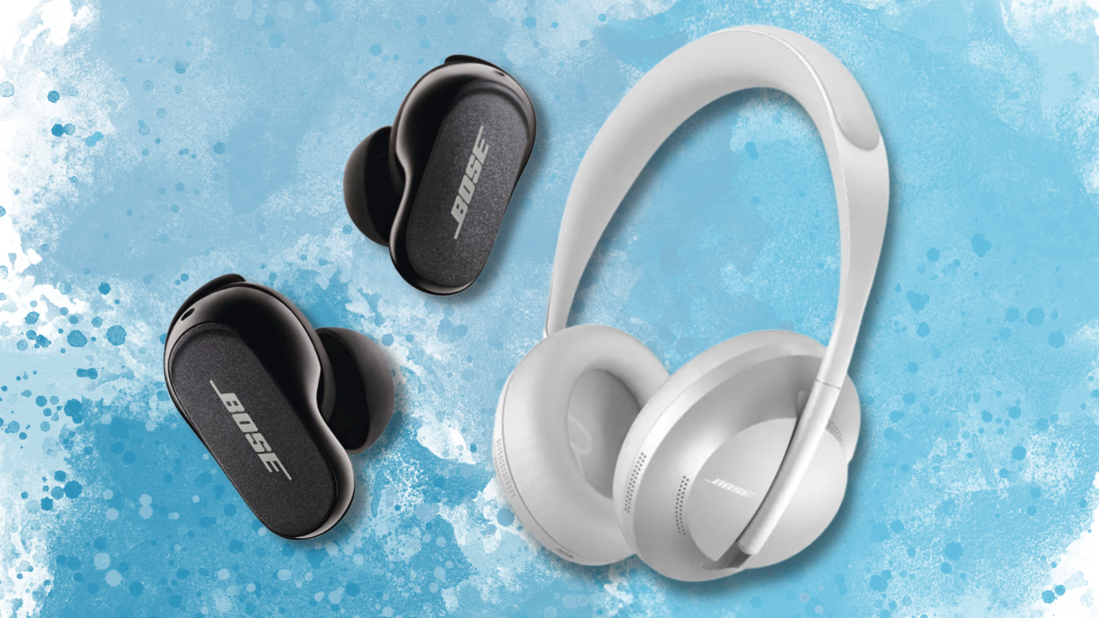 Bose earbuds and headphones with blue splatter background