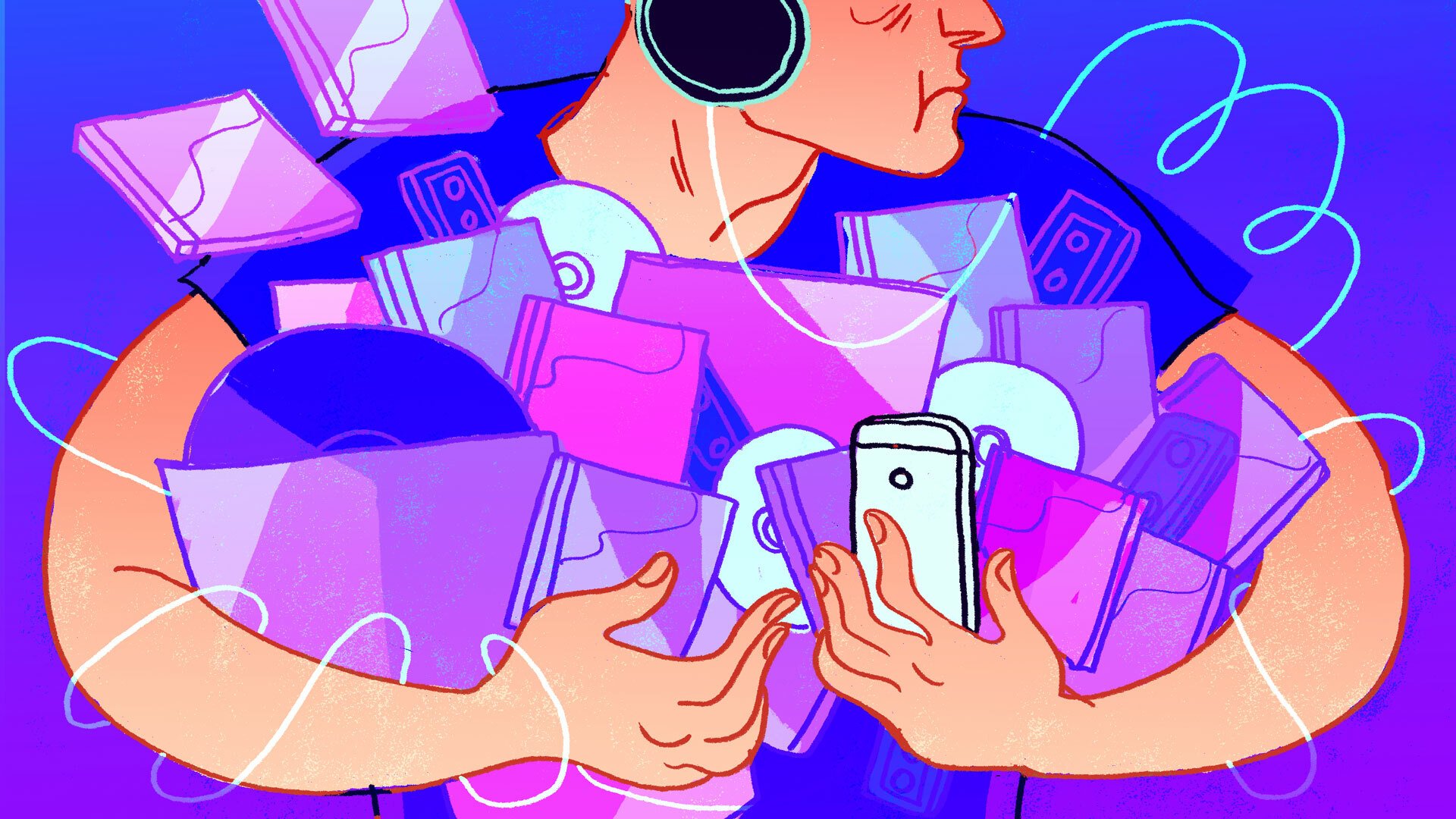 An illustration of a person holding a lot of vinyl and CDs and phones wearing headphones. 