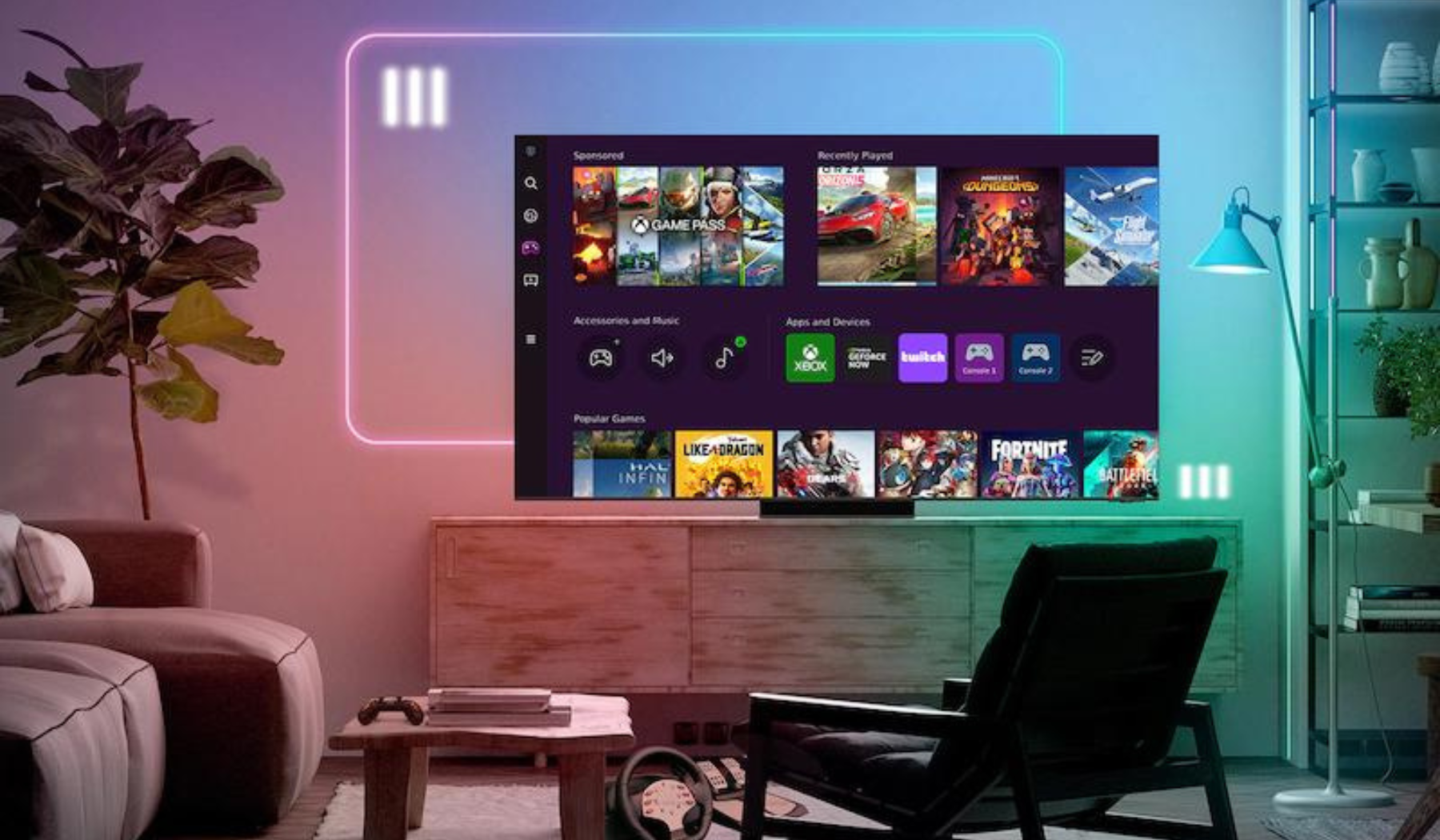 Samsung TV with apps on screen sitting on TV stand in colorful living room