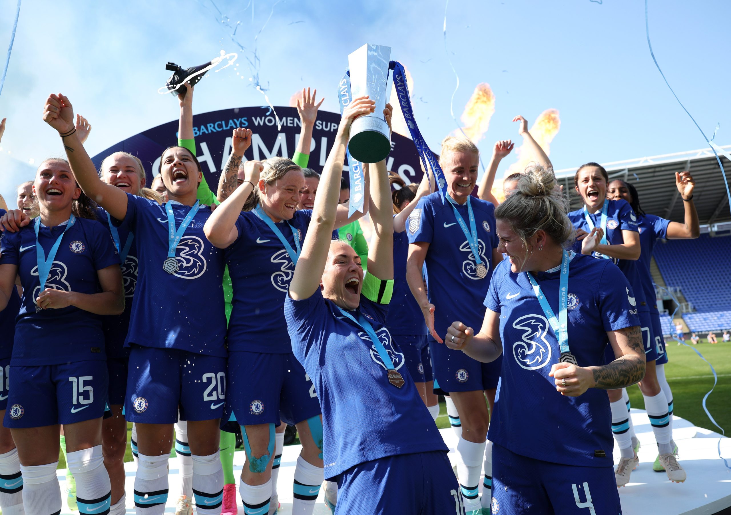 Magdalena Eriksson and Millie Bright of Chelsea lift the Barclays Women's Super League trophy