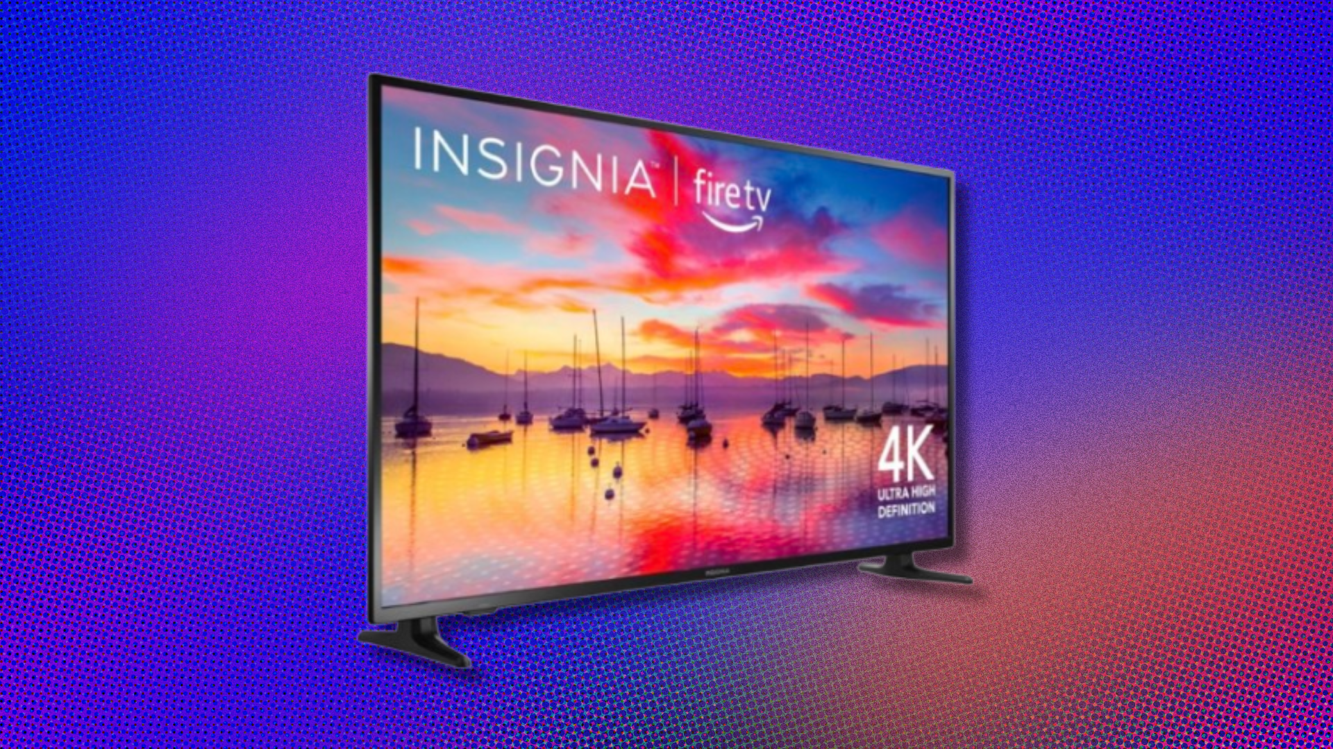 The Insignia 55-inch Smart Fire TV overlaid on a purplish background.