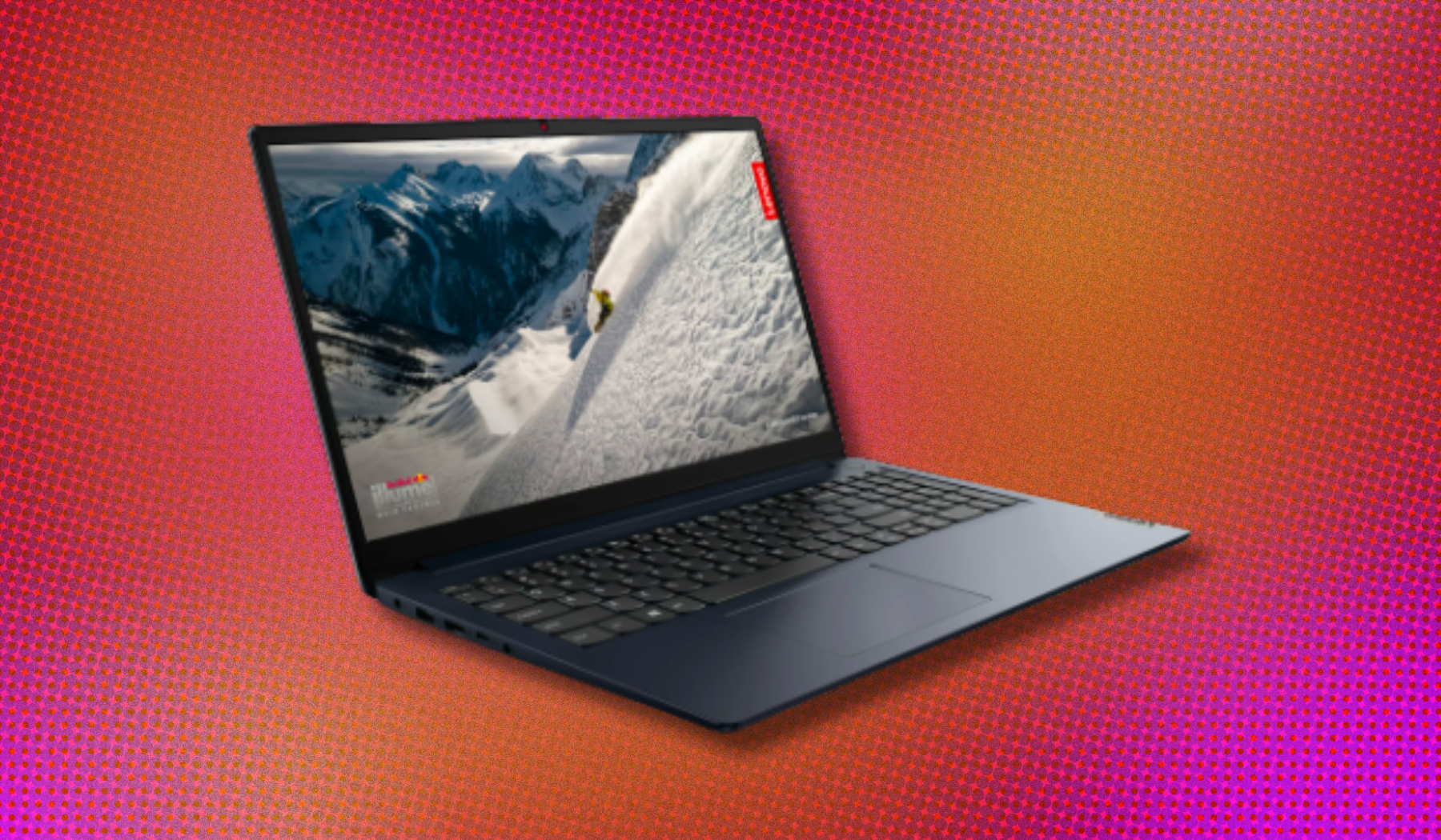 a Lenovo IdeaPad 1 against a pink, red, and orange abstract background