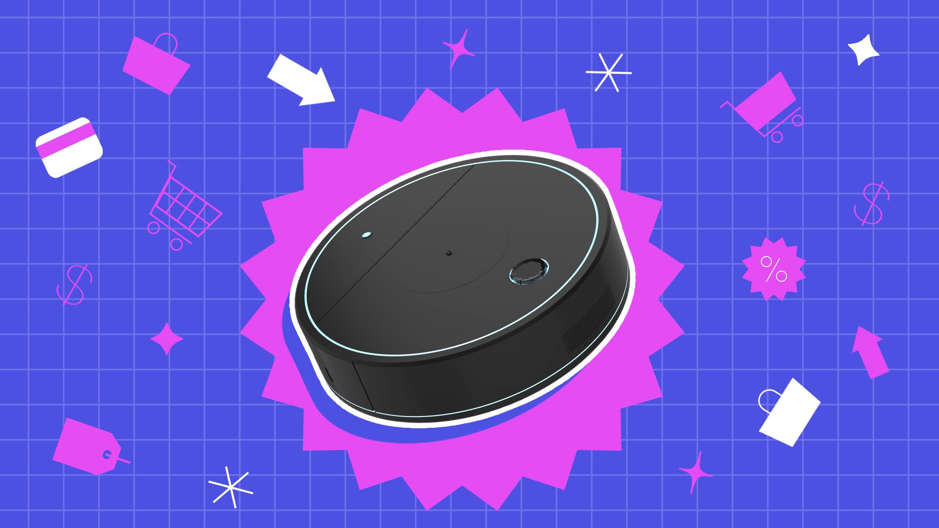 Robot vacuum inside purple shape on purple grid backdrop