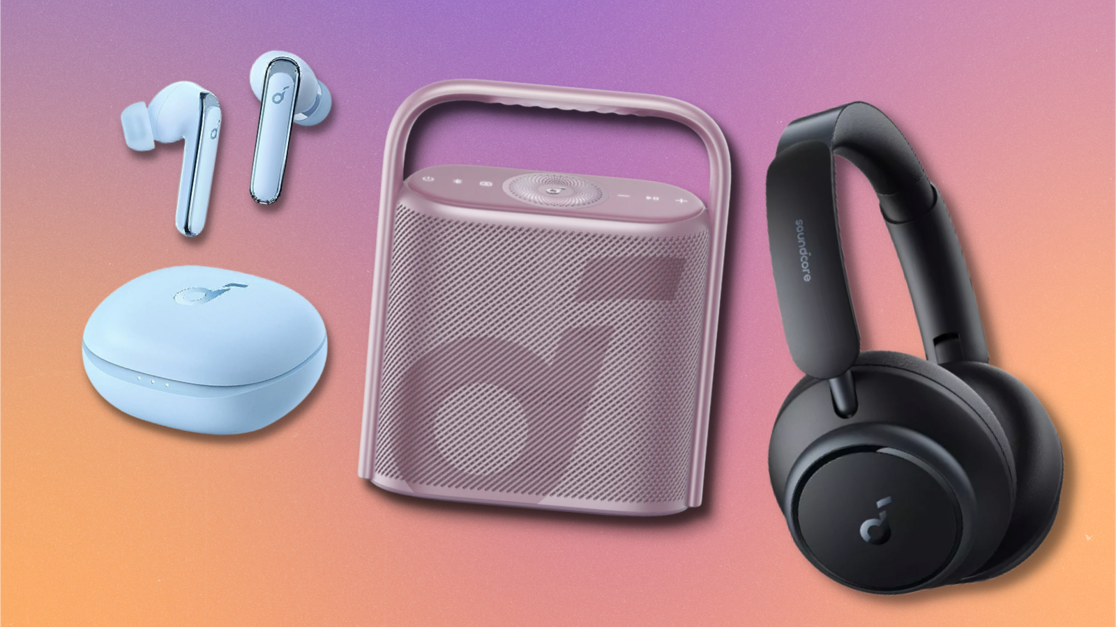 Anker Soundcore headphones and speakers with colorful background