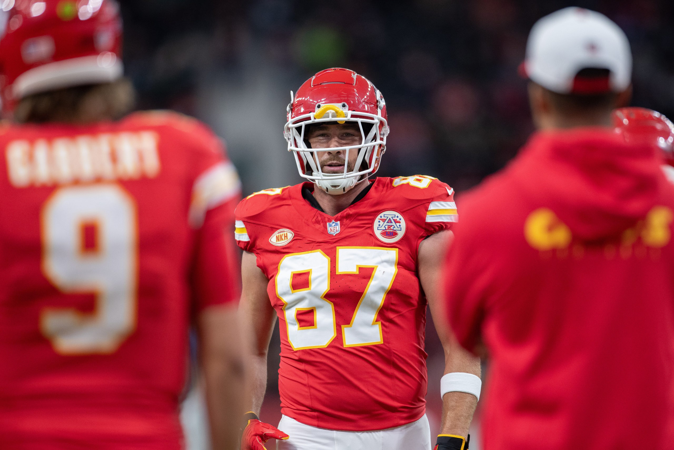 Travis Kelce of Kansas City Chiefs looks on during the NFL match