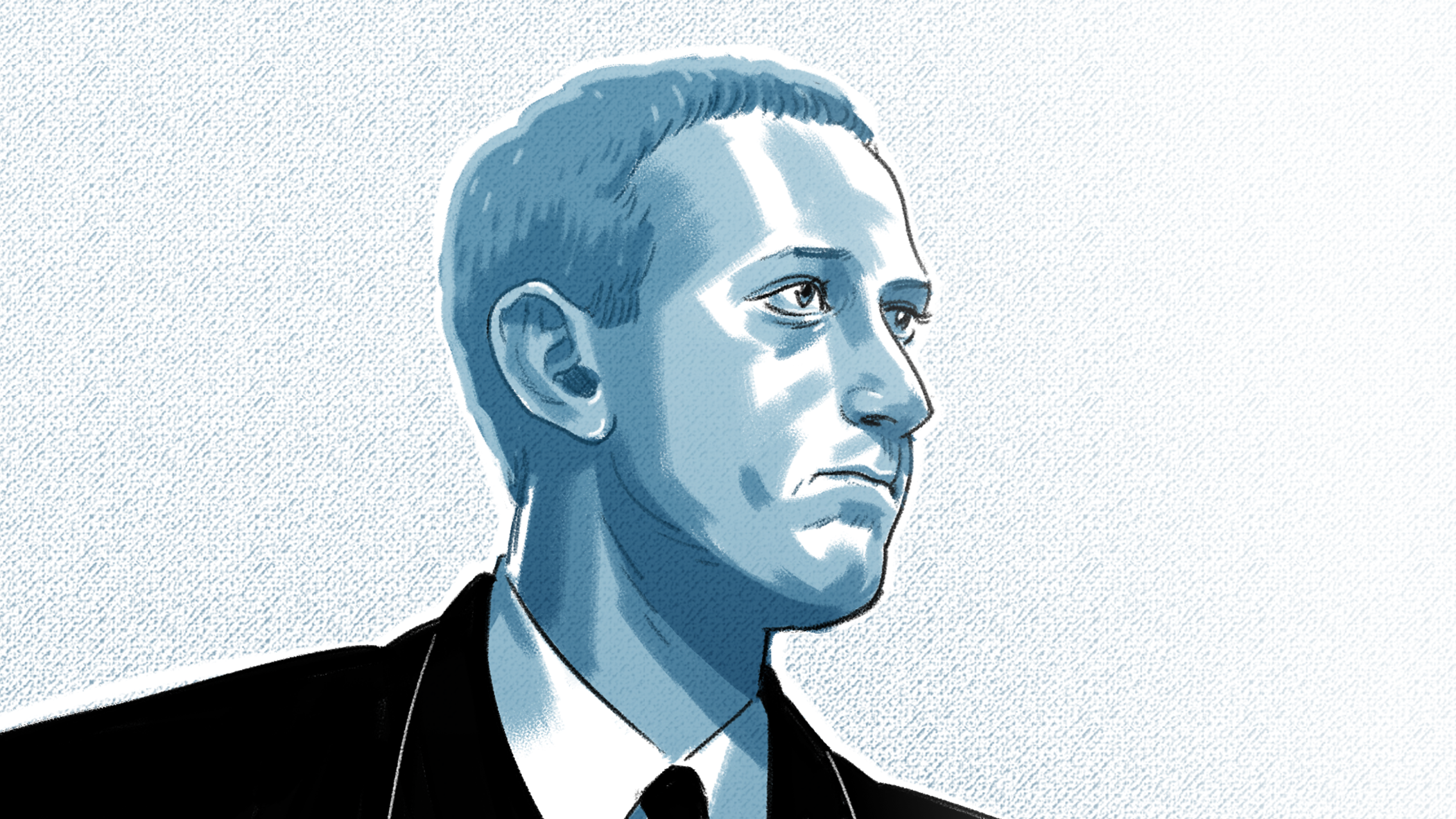 A blue and black illustration of Mark Zuckerberg in profile.