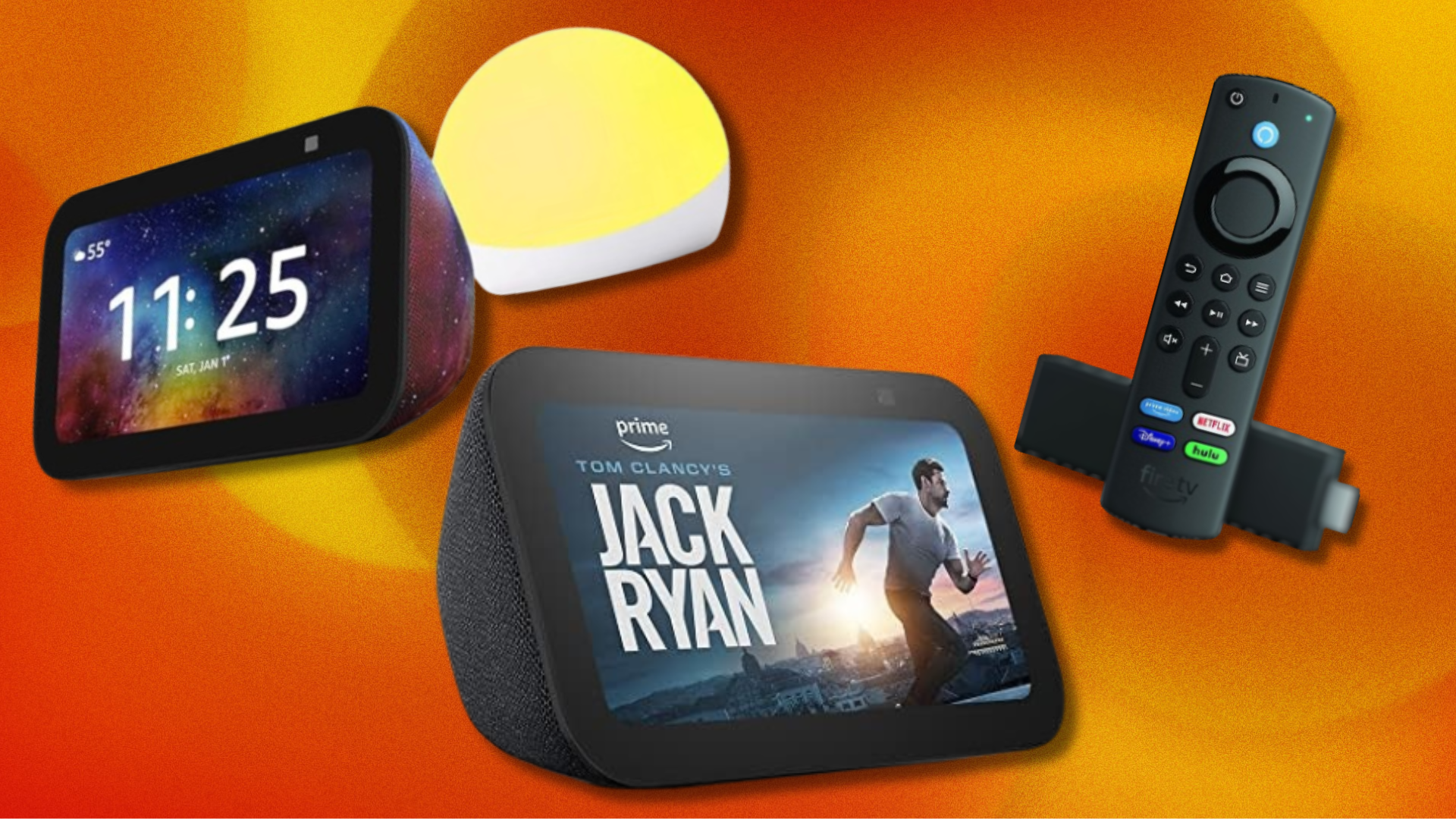 Amazon Echo Shows and a Fire TV sticks overlaid on an orangey background with yellow streaks