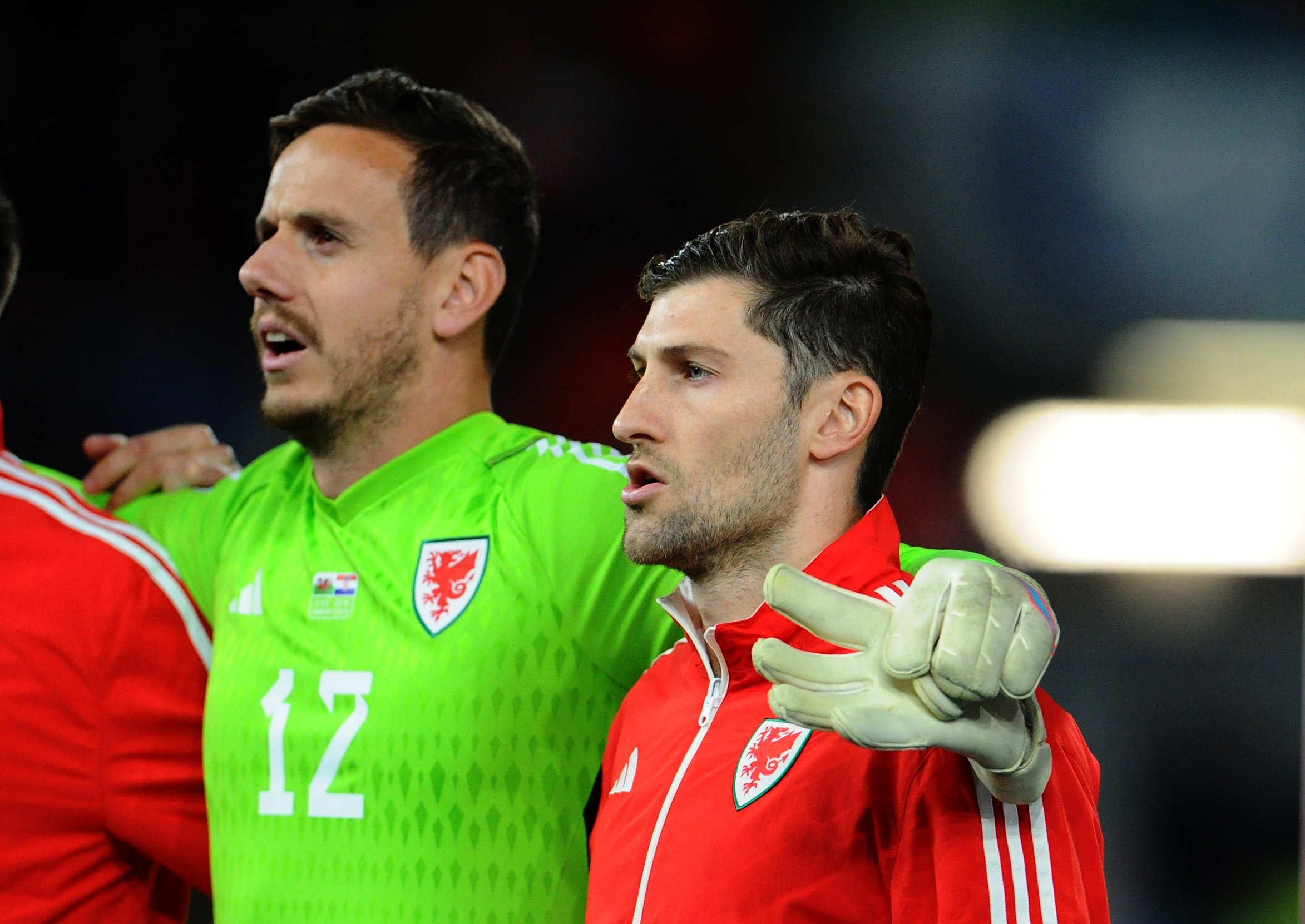 Wales' Ben Davies and Danny Ward during the national anthem