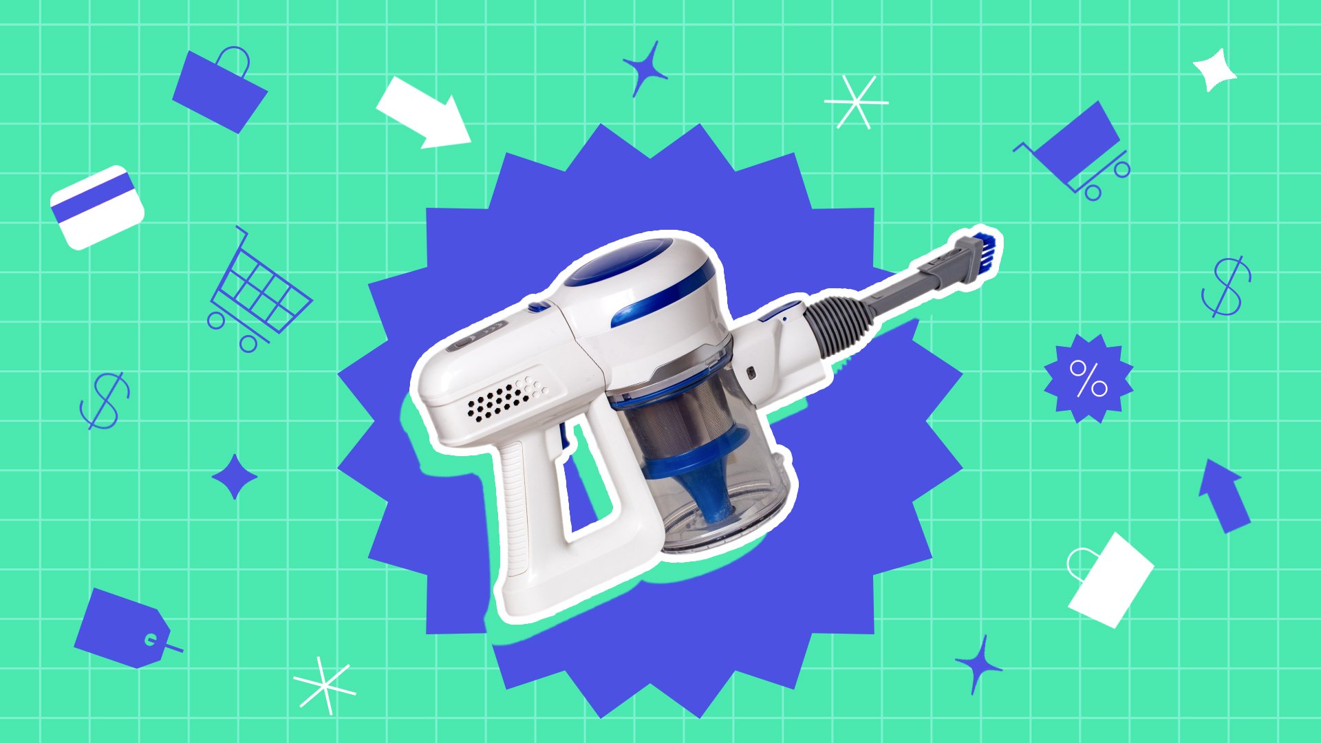 Cordless handheld background on green and blue grid background with various shapes