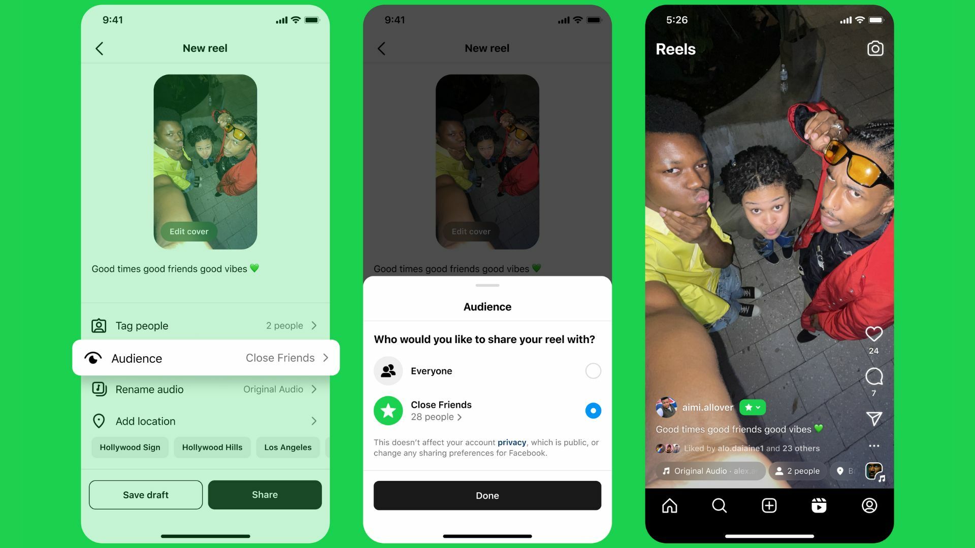 Three Instagram screenshots showing posts for close friends.