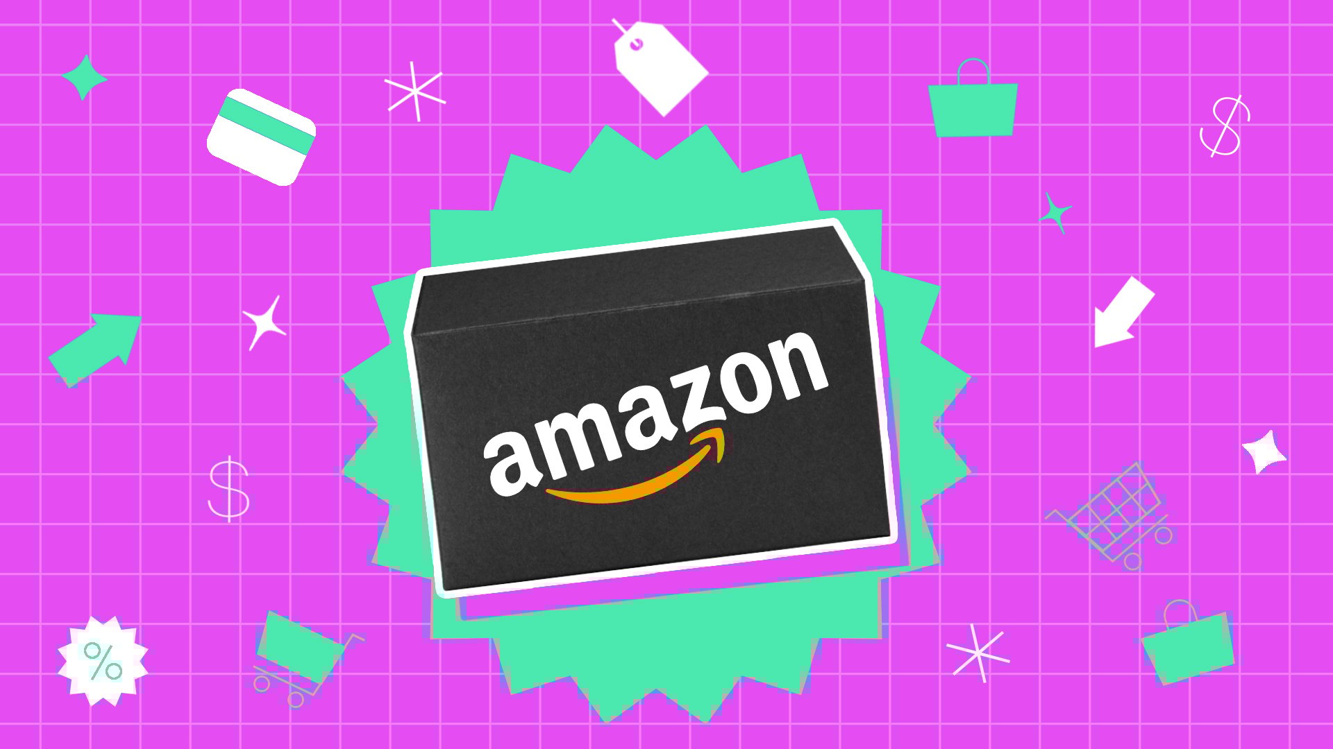 a black amazon box against a bright pink and green background