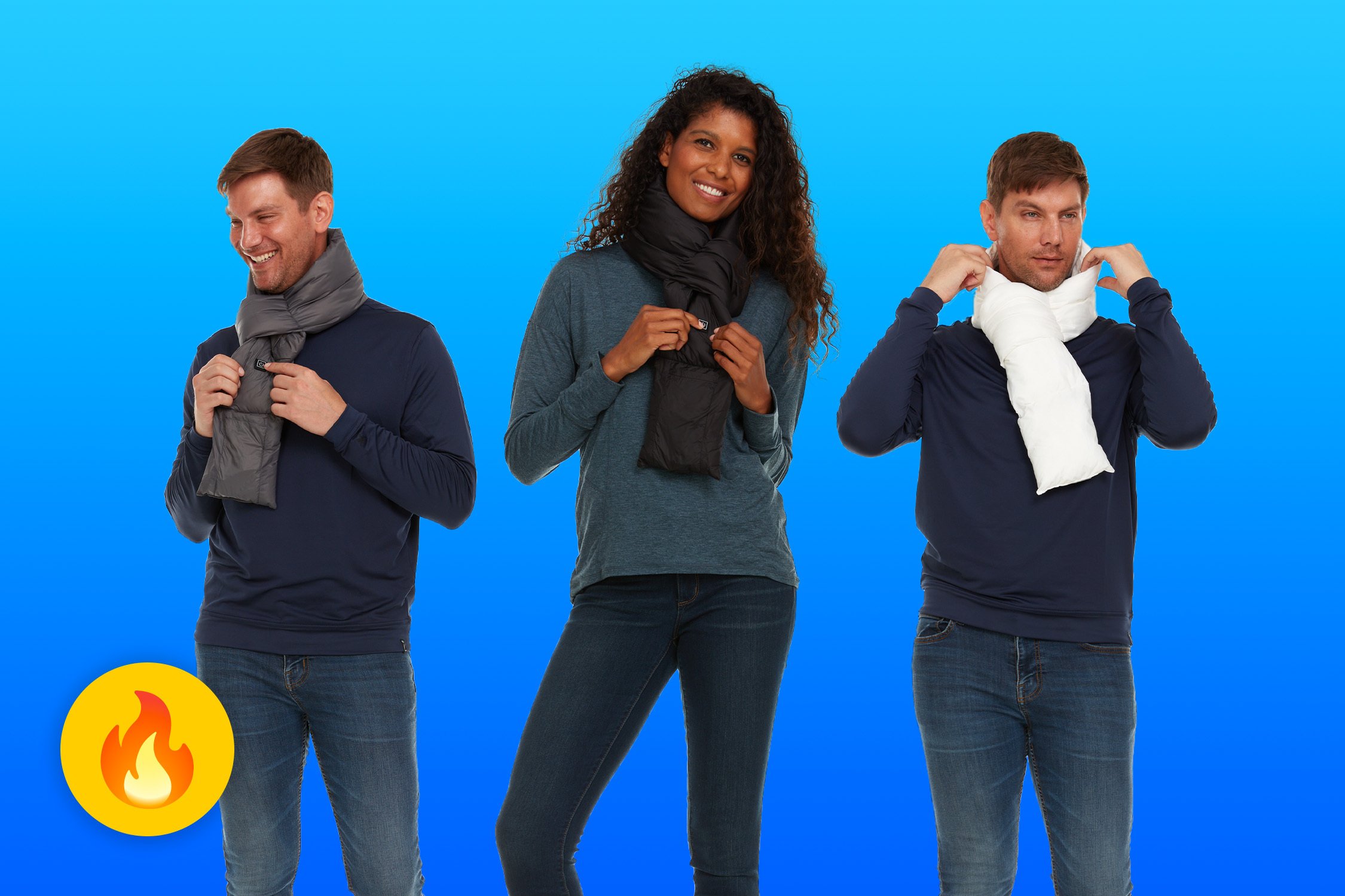 three people in heated scarves