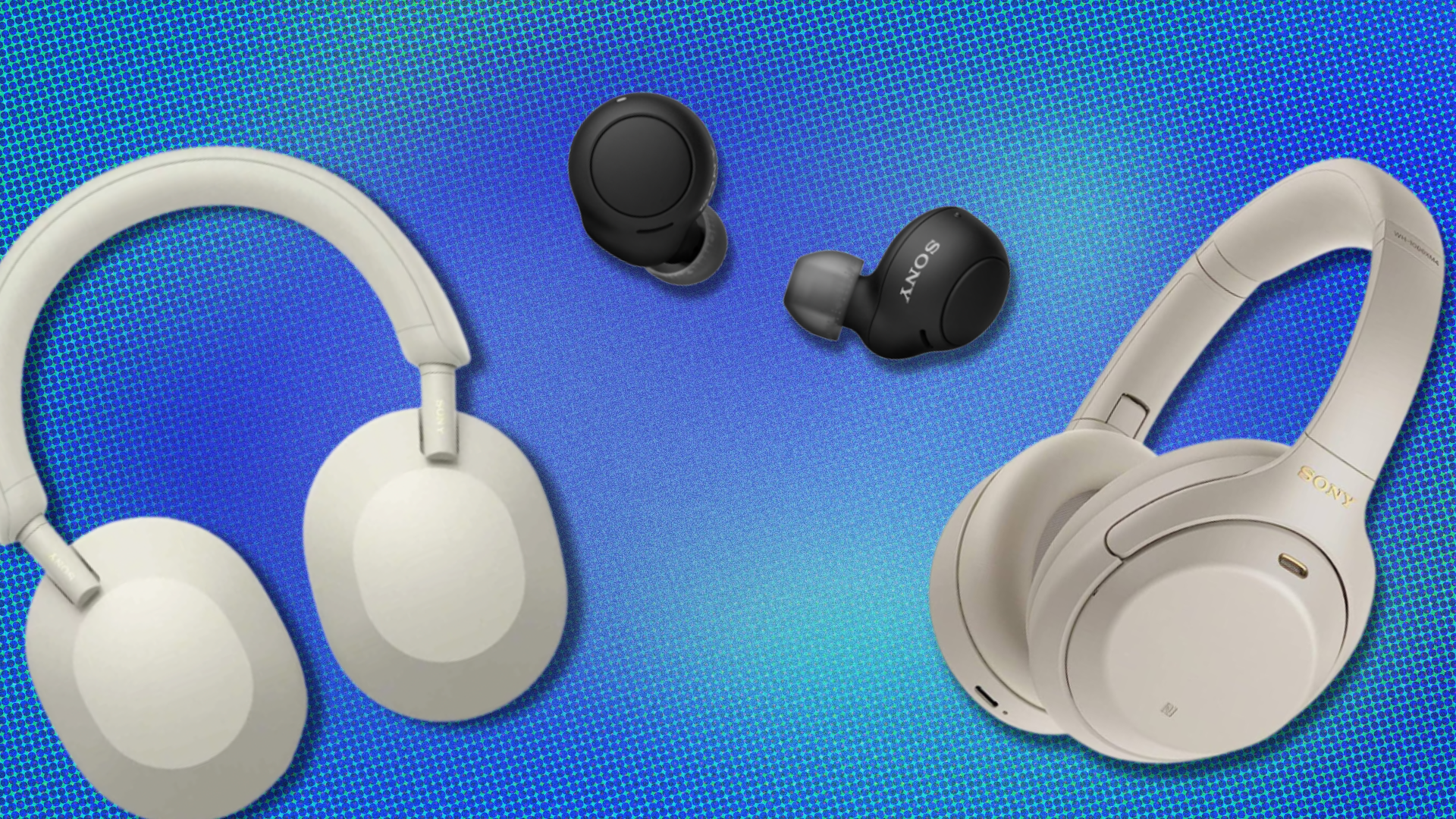 Three Sony headphones models overlaid on a blue, textured background