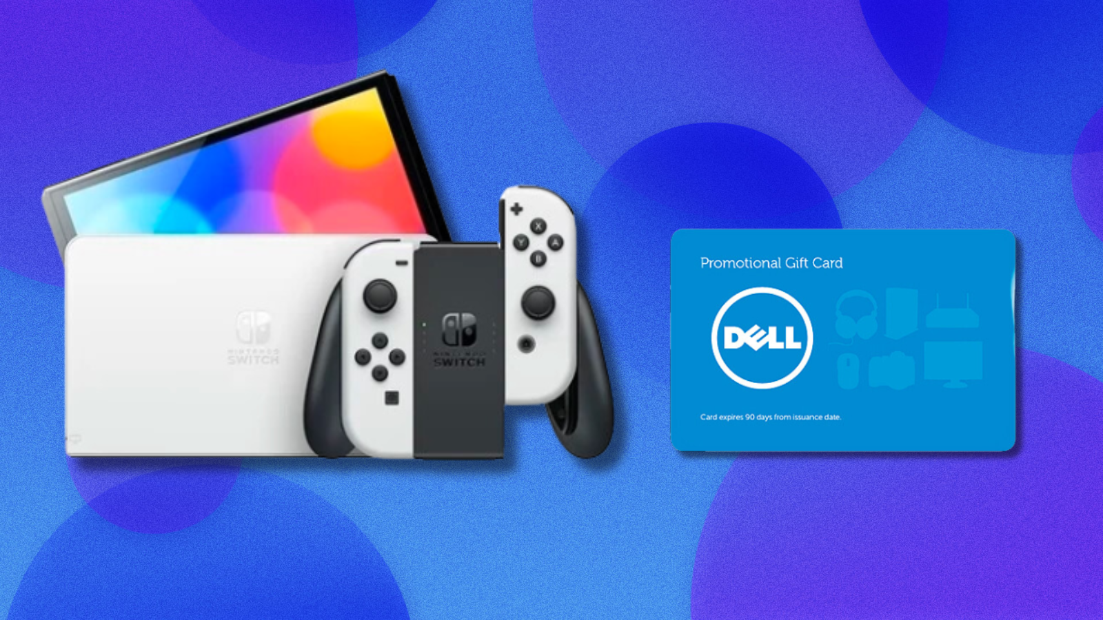 Nintendo Switch – OLED Model with Dell eGift Card on purple and blue abstract background