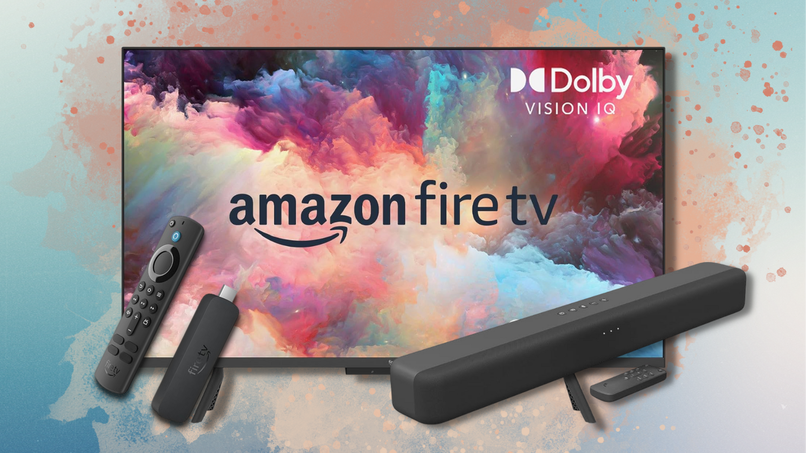 Fire TV, Fire TV Stick, and Fire TV Soundbar with a colorful gradient background