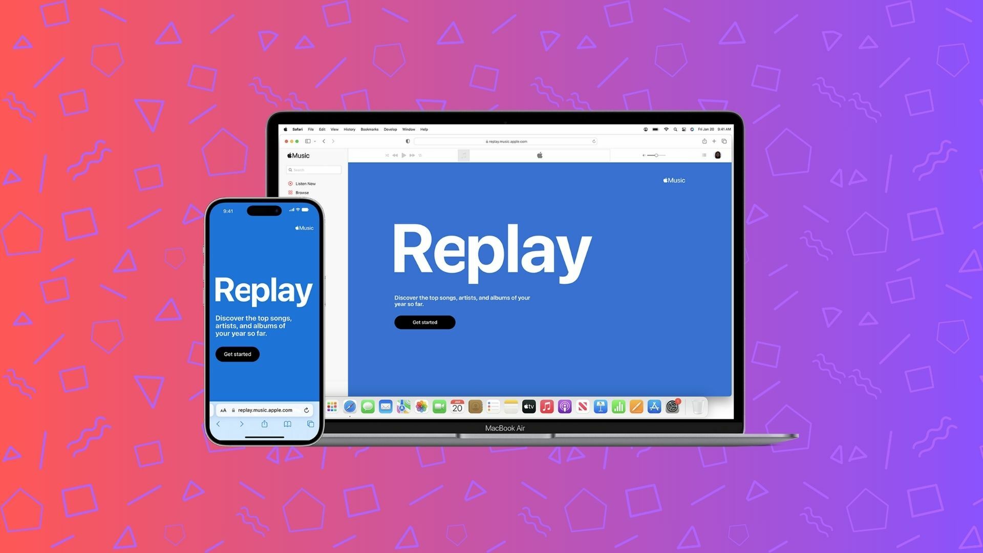 Apple Music Replay appears on an iPhone and a Macbook.
