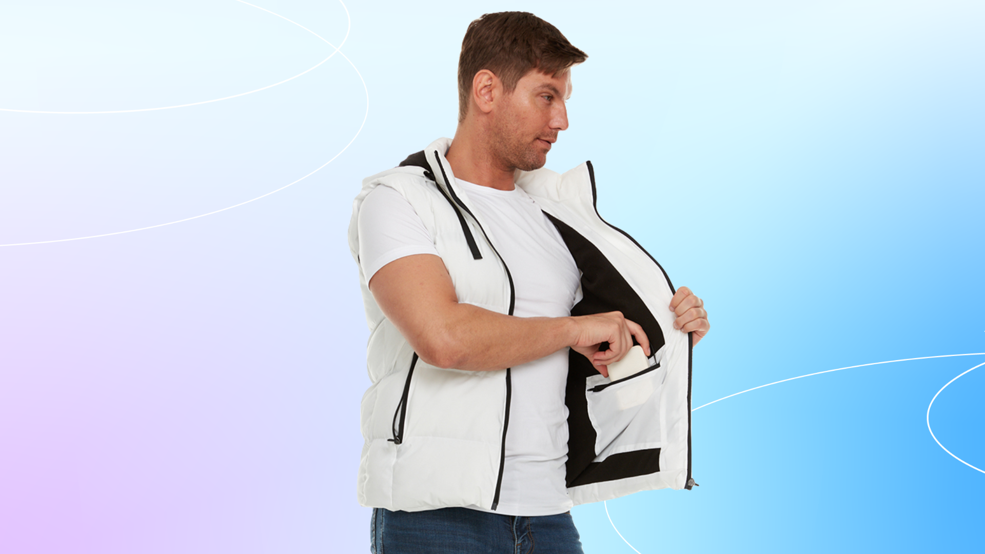 man in white heated vest