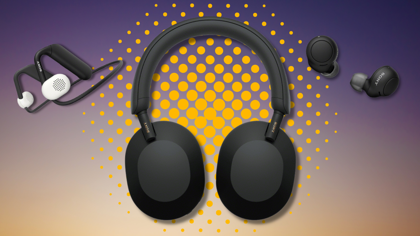 Sony headphones and earbuds with colorful background