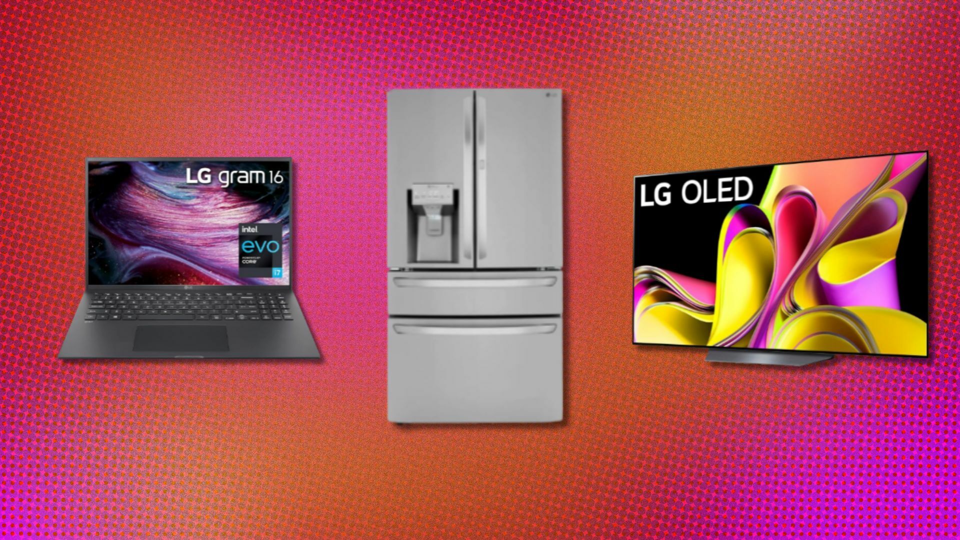 an LG laptop, refrigerator, and TV on a pink and red background