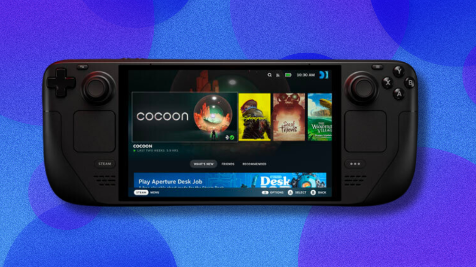 Steam Deck OLED on abstract blue and purple background