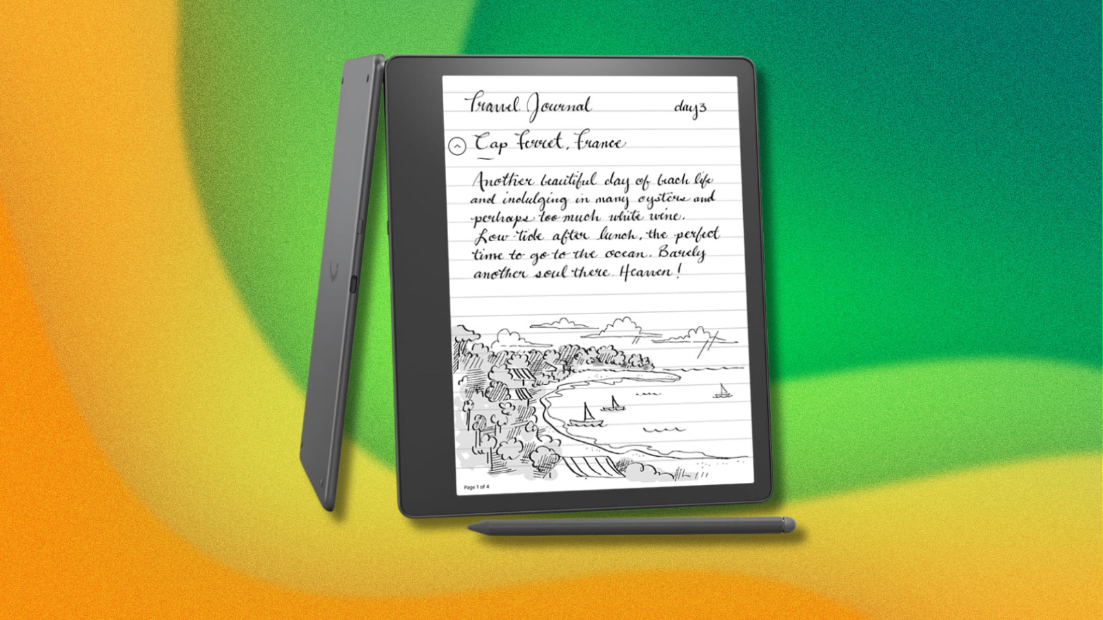 Amazon Kindle Scribe on yellow and green abstract background