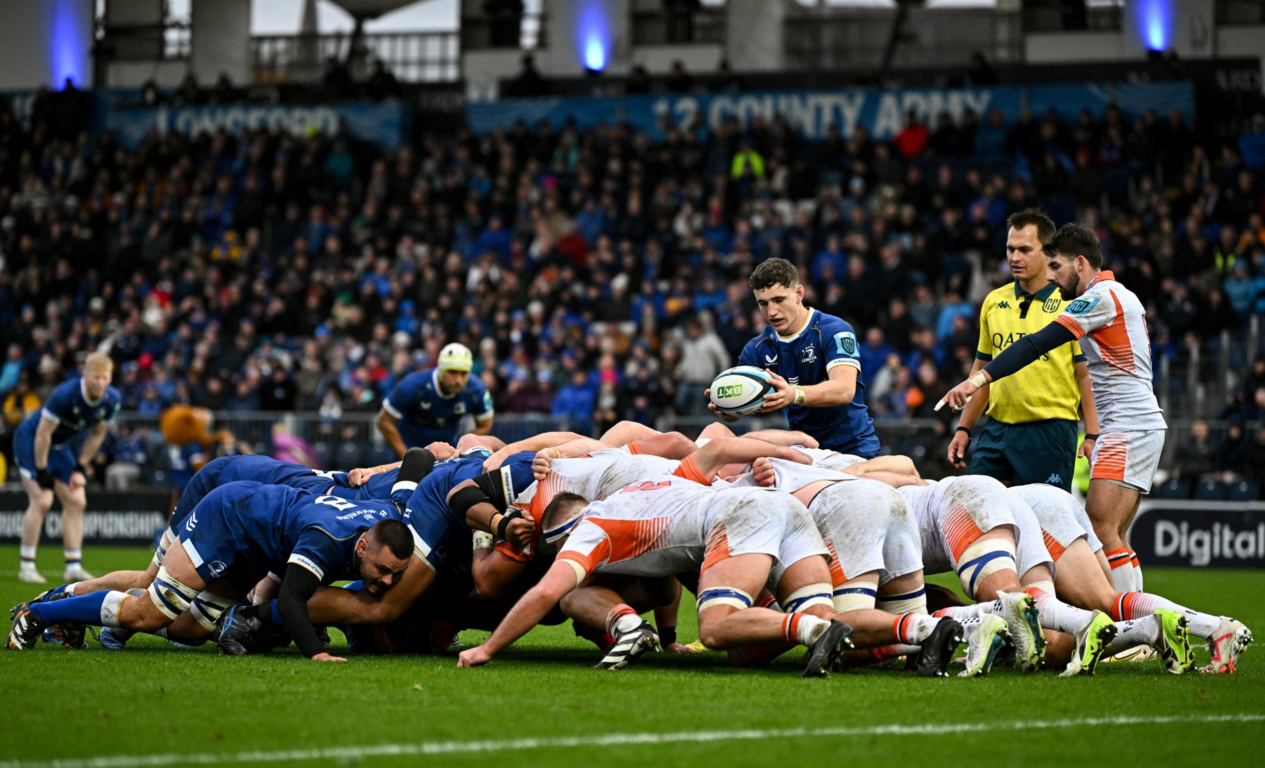 A general view of a scrum during the United Rugby Championship match between Leinster and Edinburgh