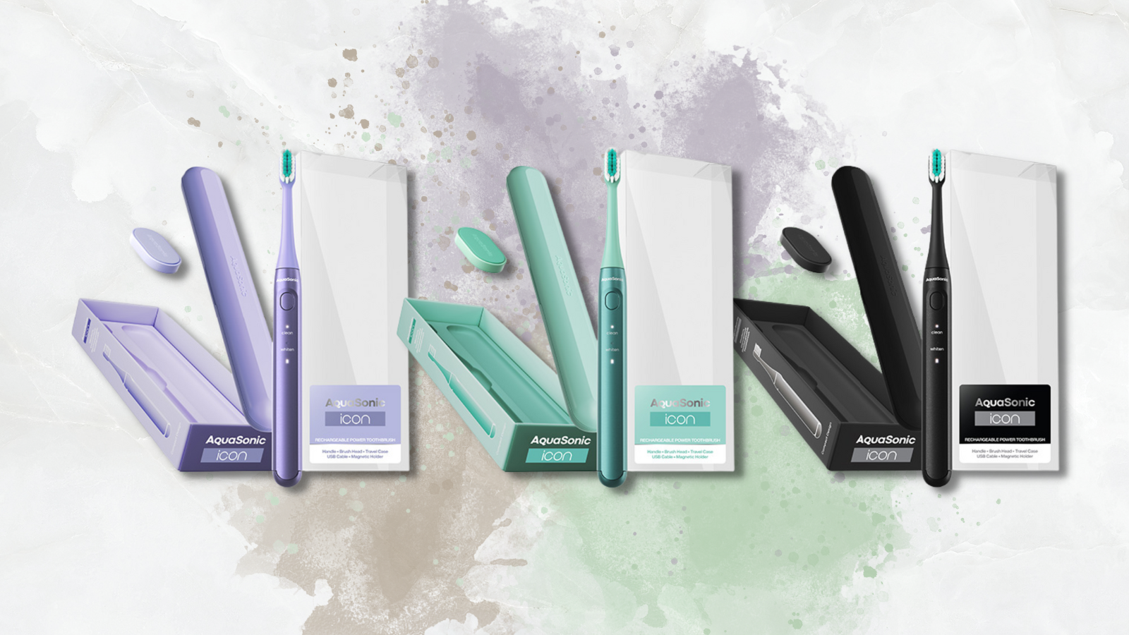 AquaSonic toothbrushes in purple, teal, and black with colorful background