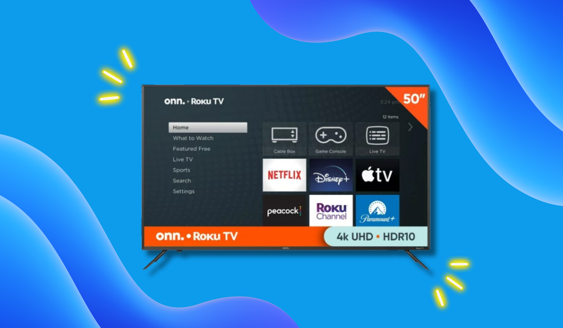 onn. 4K TV with streaming apps on screen on blue background with neon yellow graphics