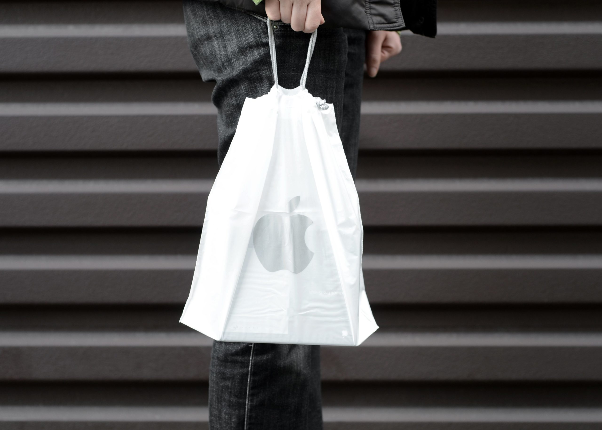 person holding Apple Store shopping bag