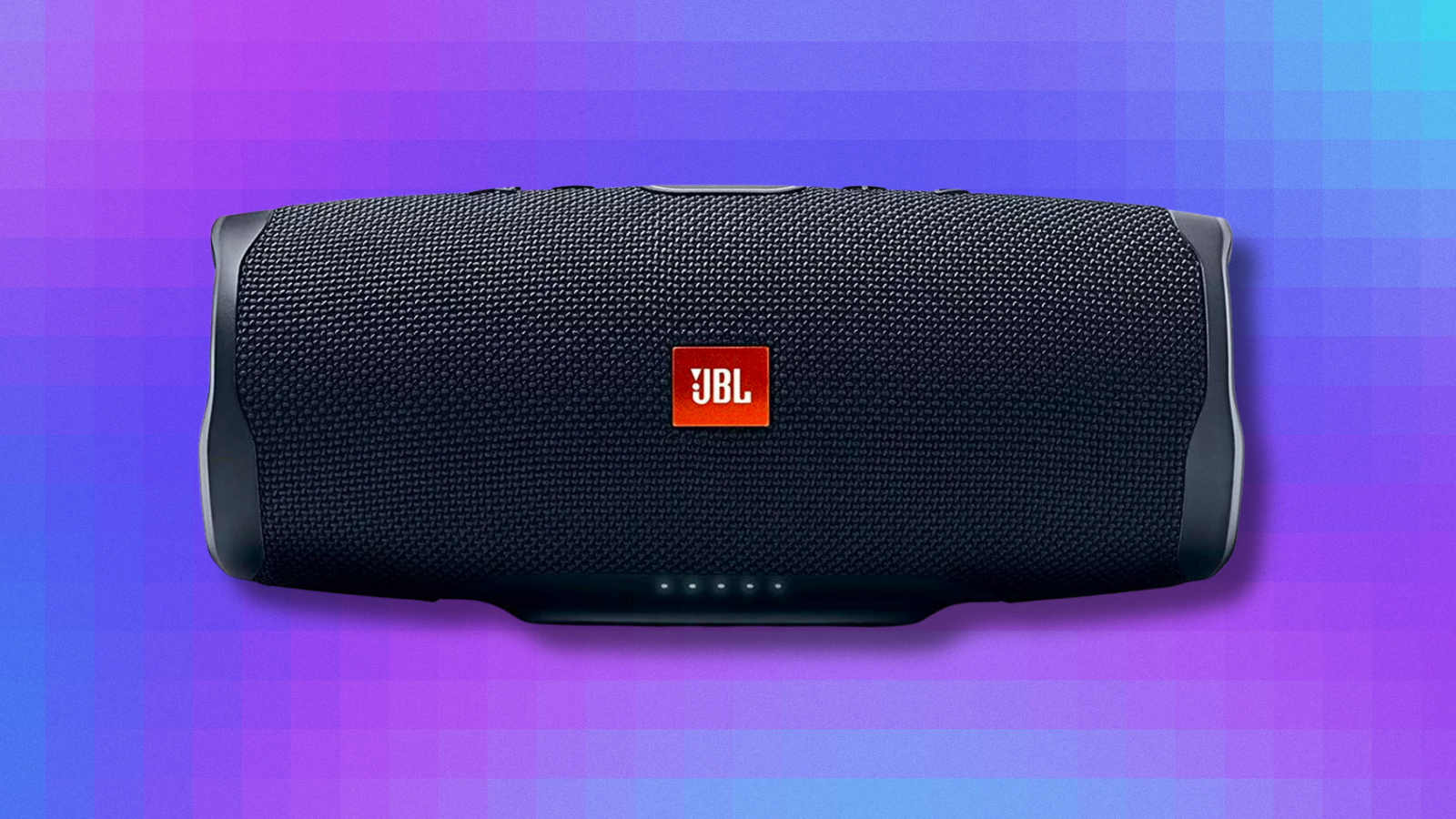 JBL Charge 4 portable speaker on blue and purple abstract background