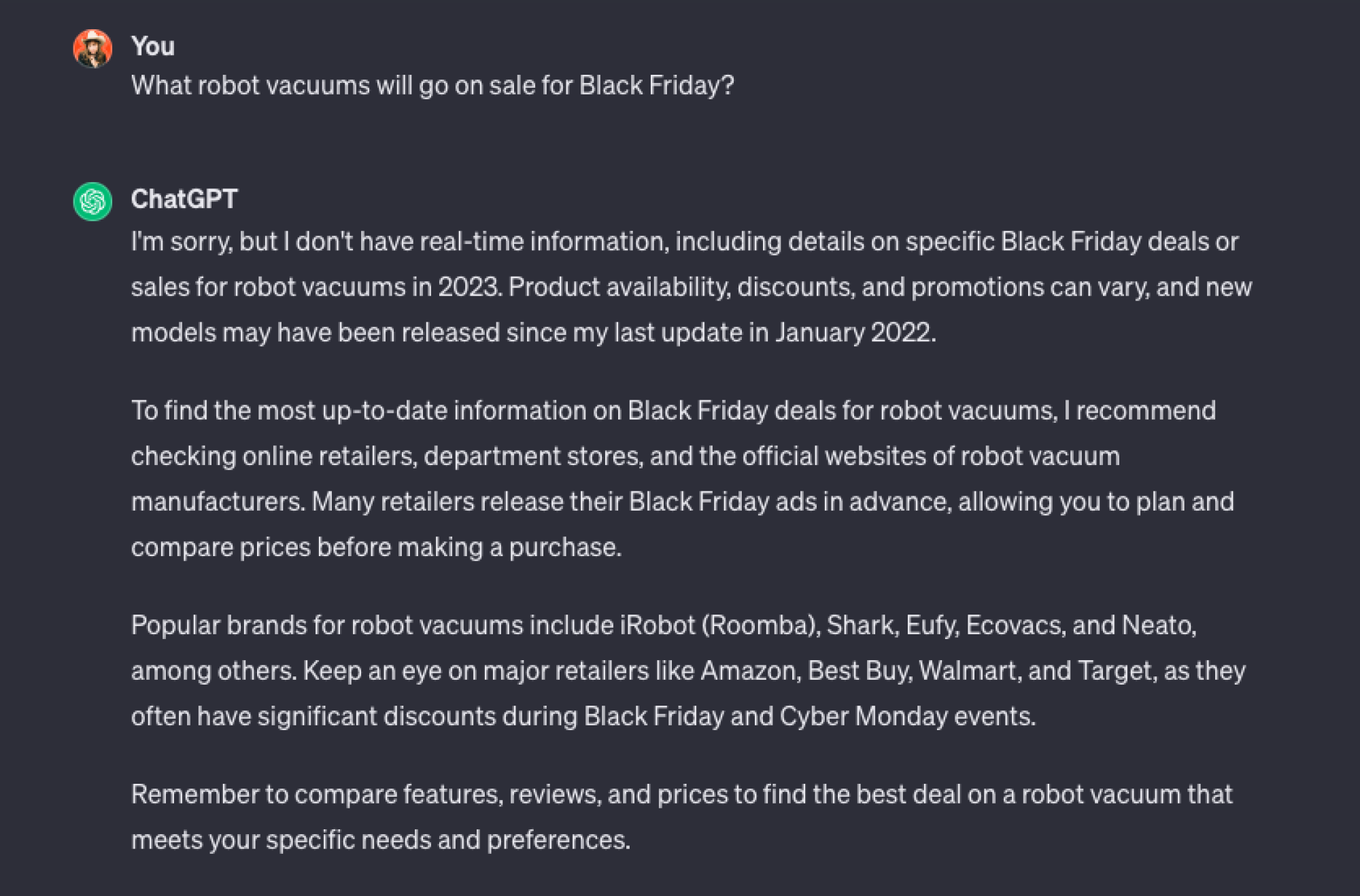 ChatGPT response to Black Friday deal question