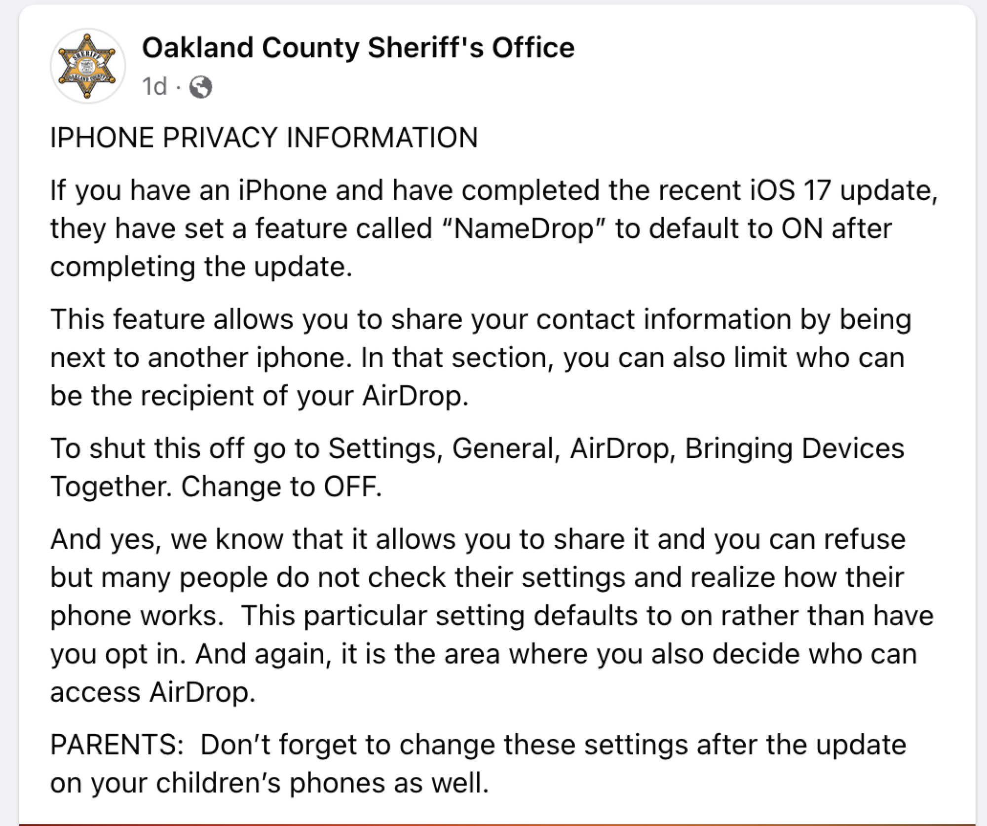 Facebook posting by the Oakland County Sherrif's Office