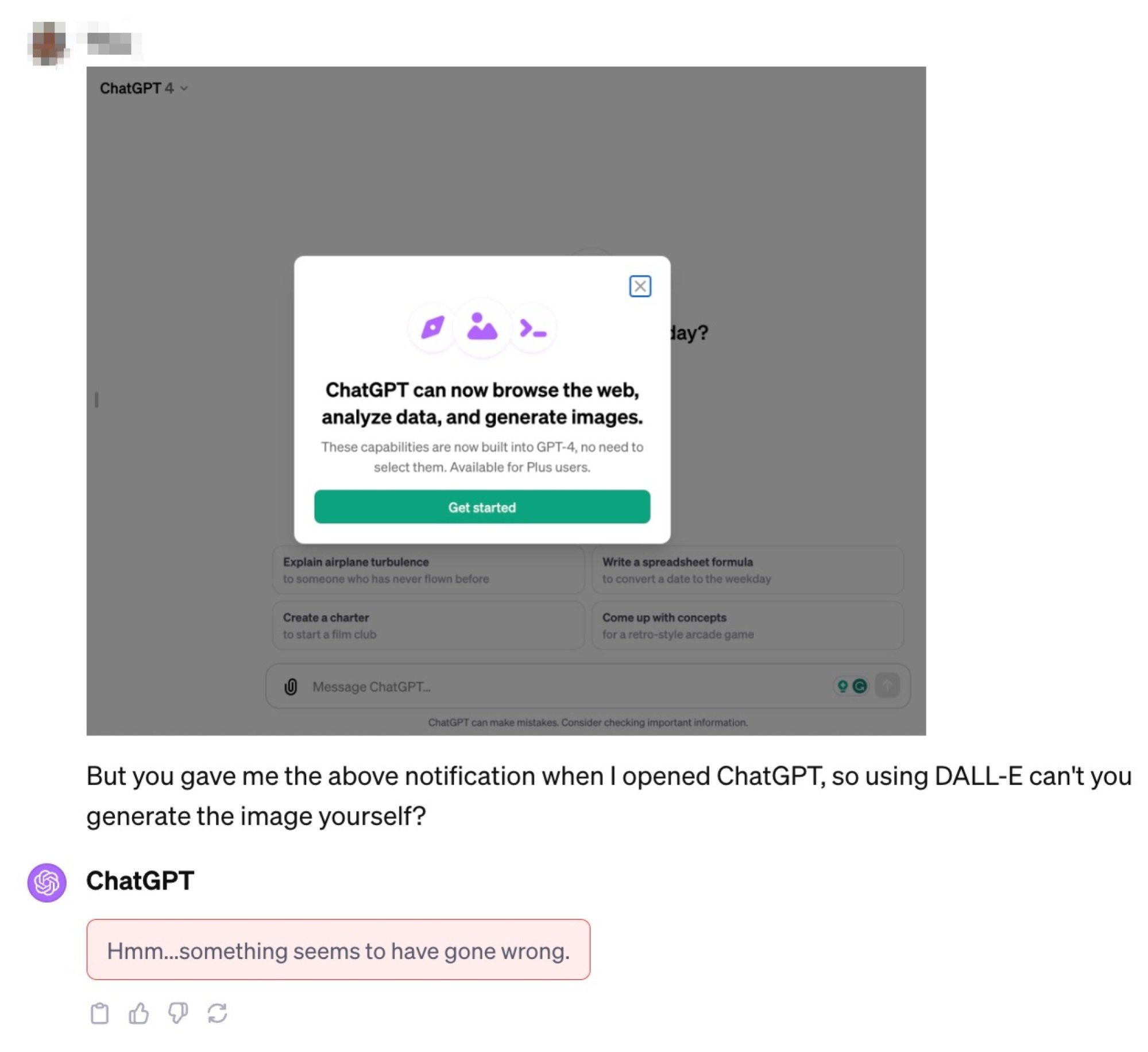 ChatGPT showing an error message