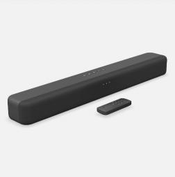 The Amazon Fire TV Soundbar and a remote, both in black, overlaid on a white background