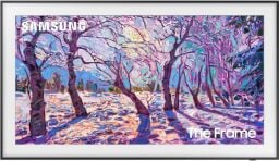 a Samsung 50-inch The Frame QLED 4K UHD Smart TV displaying trees in the snow