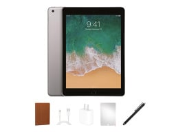 A gray iPad, case, stylus, and charger