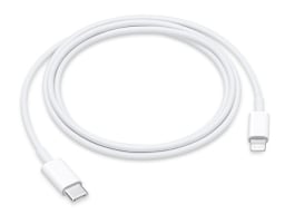 An iPhone lightning charging cable in white.