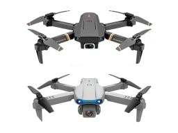 A black drone and silver drone on a white background.